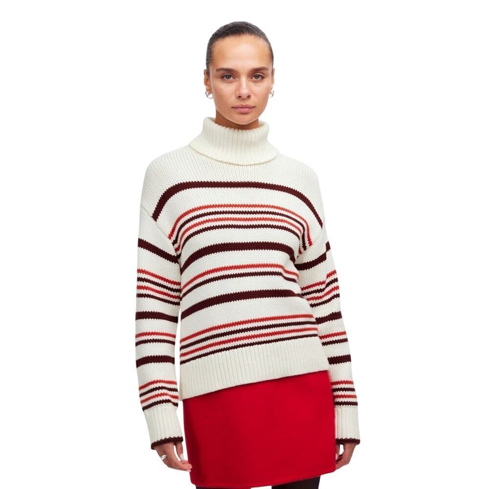 Madewell Red Cream Stripe Cotton Turtleneck Sweater L Cozy Fall Winter NWT